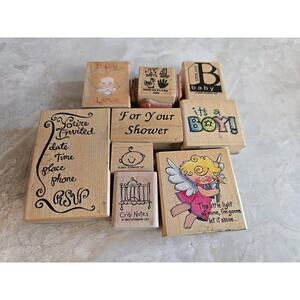 Lot of 8 Wooden Rubber Stamps Baby Shower Cardmaking Scrapbooking Crafts